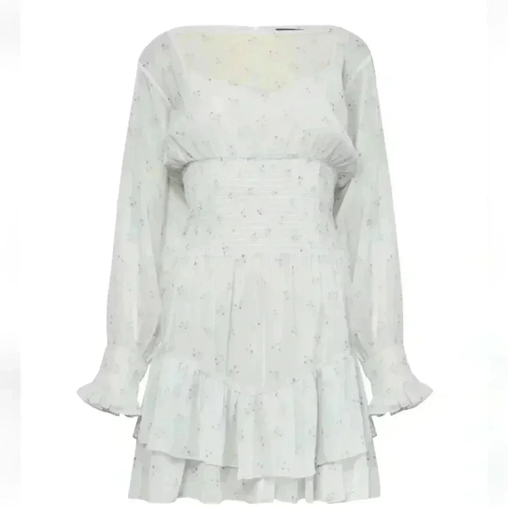 French Connection Cecilia Hallie Recycled Polyester Crinkle Ruffle Mini Dress L - Picture 3 of 13